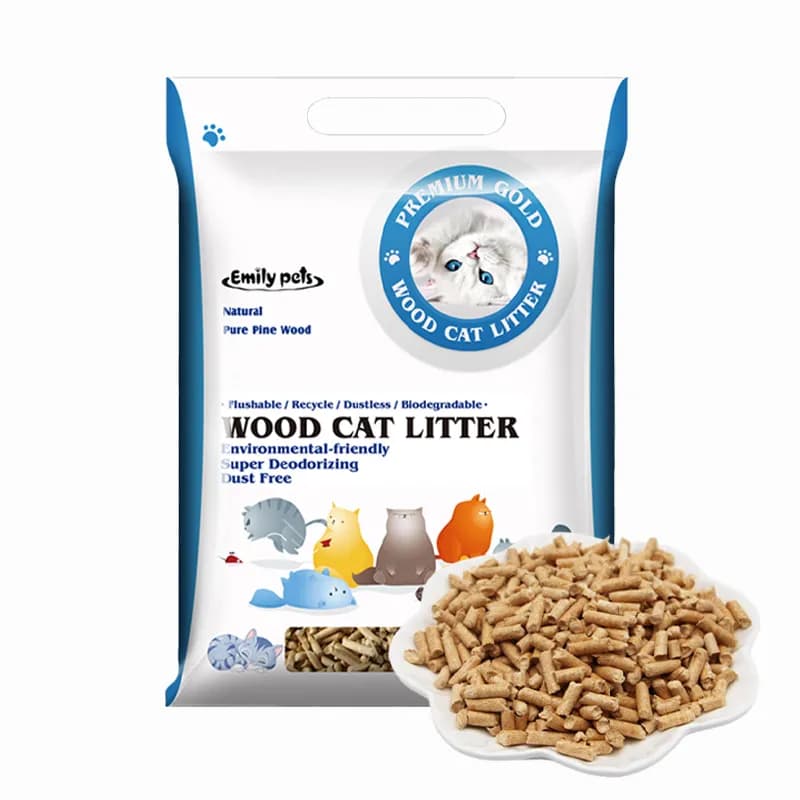 Produktverpackung und Materialdarstellung der Kiefern-Katzenstreu