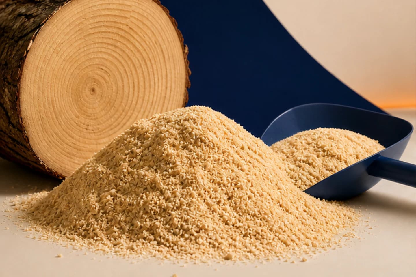 Produktillustration von feinem Kiefernholzmaterial mit einer blauen Schaufel